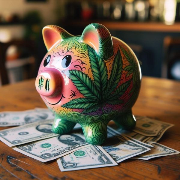 Image of pig money box with cannabis prints