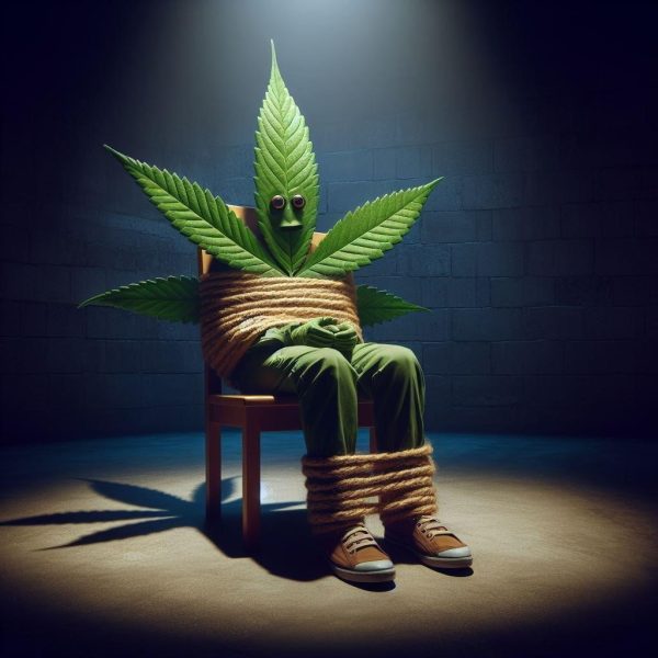 feuilles de cannabis stressées attachées sur une chaise