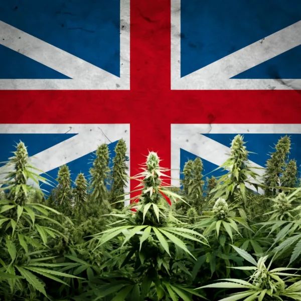 cannabis plants infront of UK flag